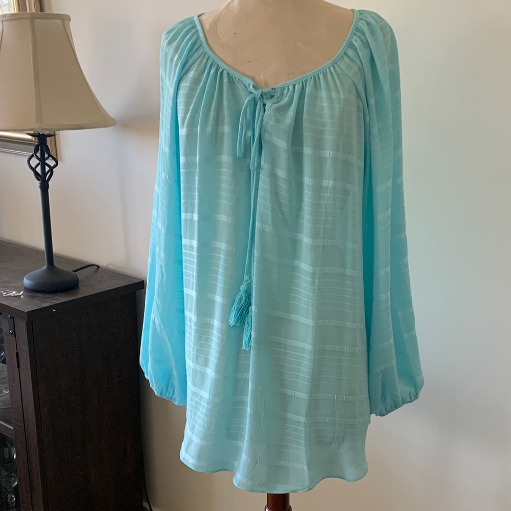 Avenue Light Teal Textured Peasant Top with Tassel Tie